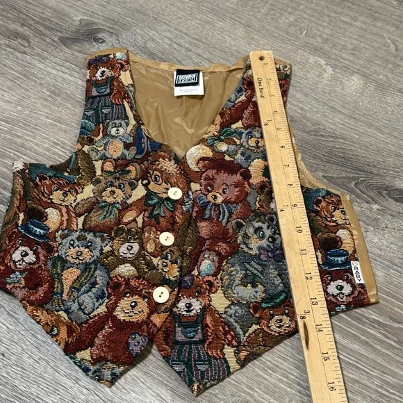 Vintage Teddy Bear Tapestry Vest Toddler Collectible button front Large - Picture 6 of 7
